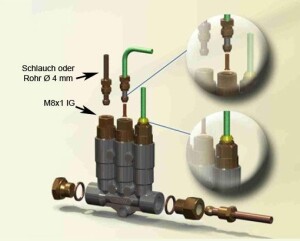 351-0VS-30000-00 - Vogel / SKF MonoFlex Pre-lubrication distributor 351 - For Oil - Outlet: 1 - 0,05 cm³ - Aluminium - Elastomer: NBR - Sealing: CU-Ring - 80 bar